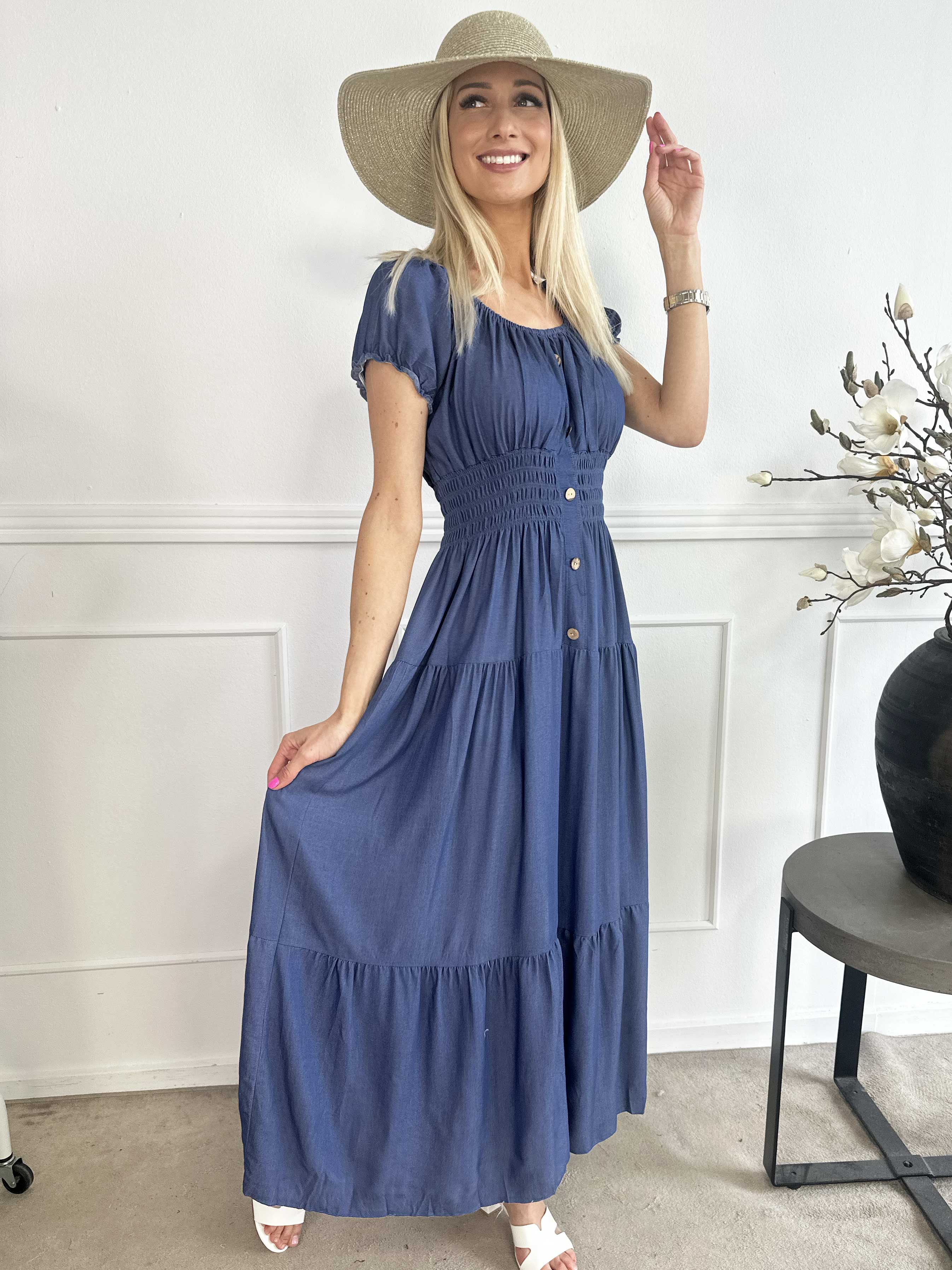 Alexina - Lång klänning i denimlook med resår i midjan